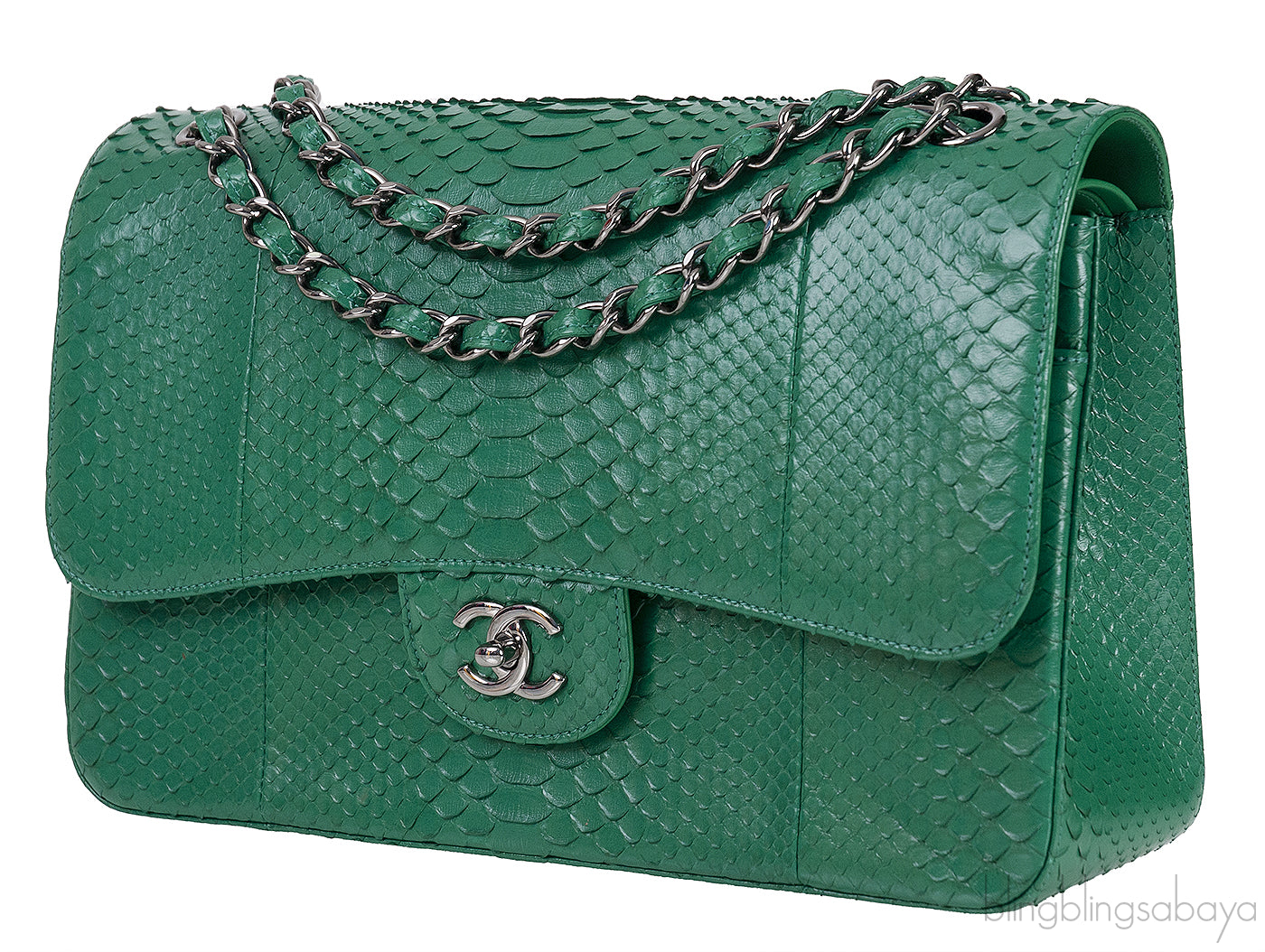 Chanel Classic Jumbo CC Emerald Green Python Flap Bag