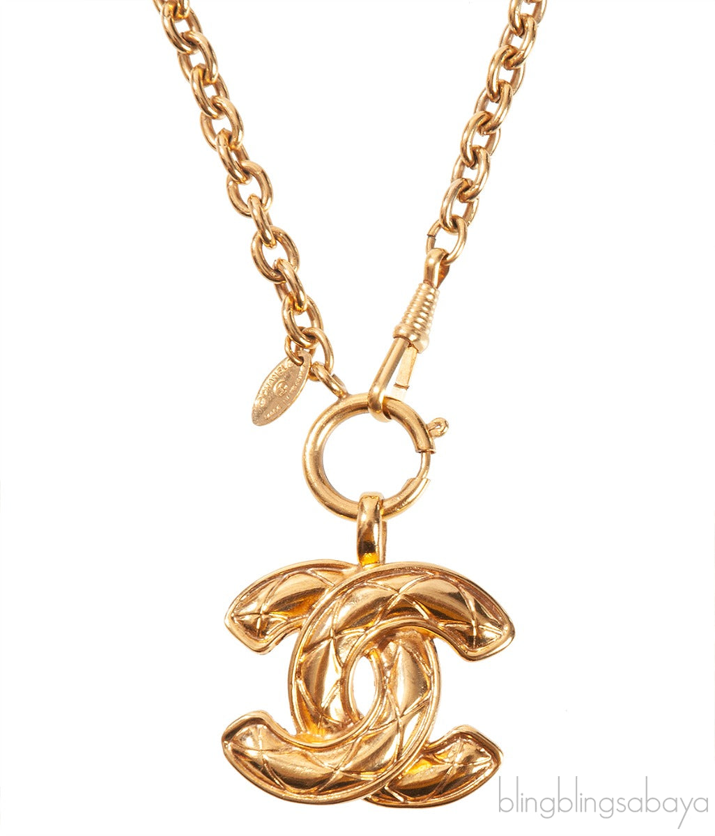 Chanel Vintage Diamond Quilted CC Gold Pendant Necklace