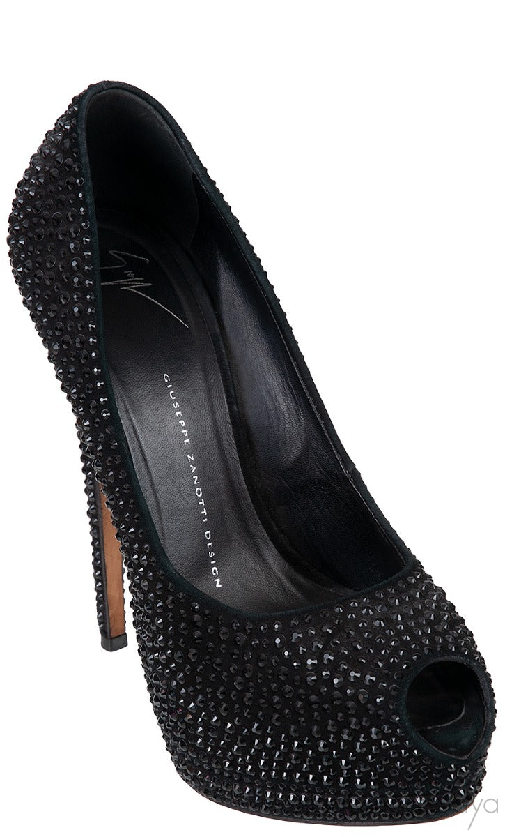 Black Crystal Embellished Peep Toe Heels