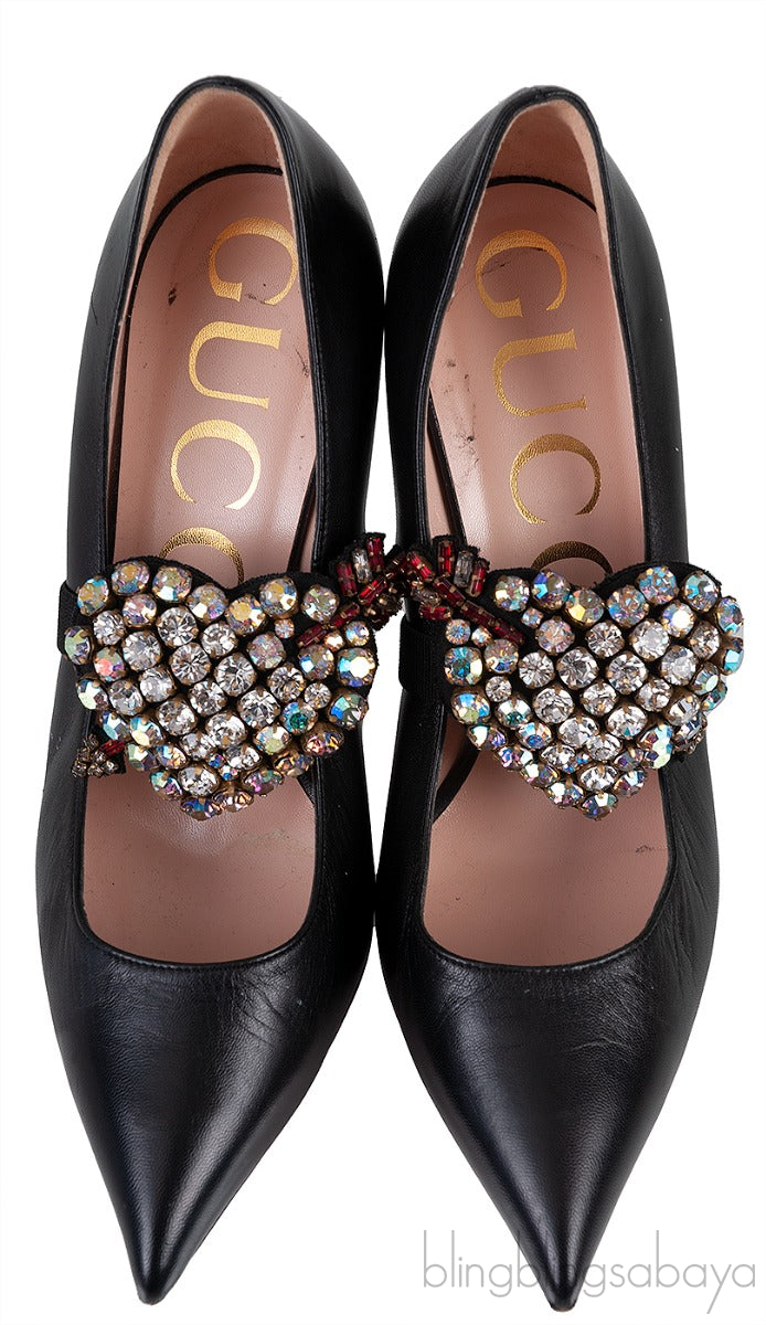 Black Leather Heart Crystal Heels