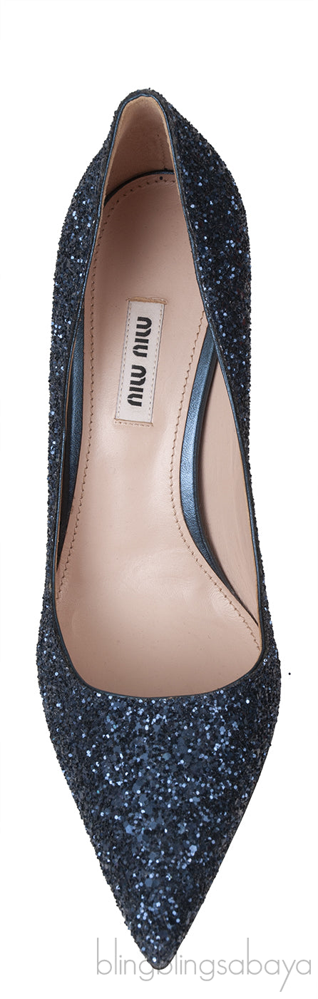 Blue Glitter Argento Pointed Toe Crystal Embellished Heels