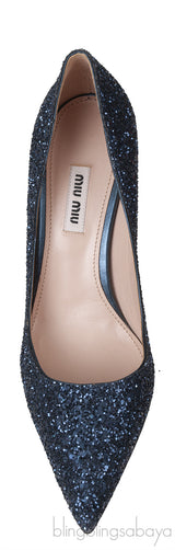 Blue Glitter Argento Pointed Toe Crystal Embellished Heels
