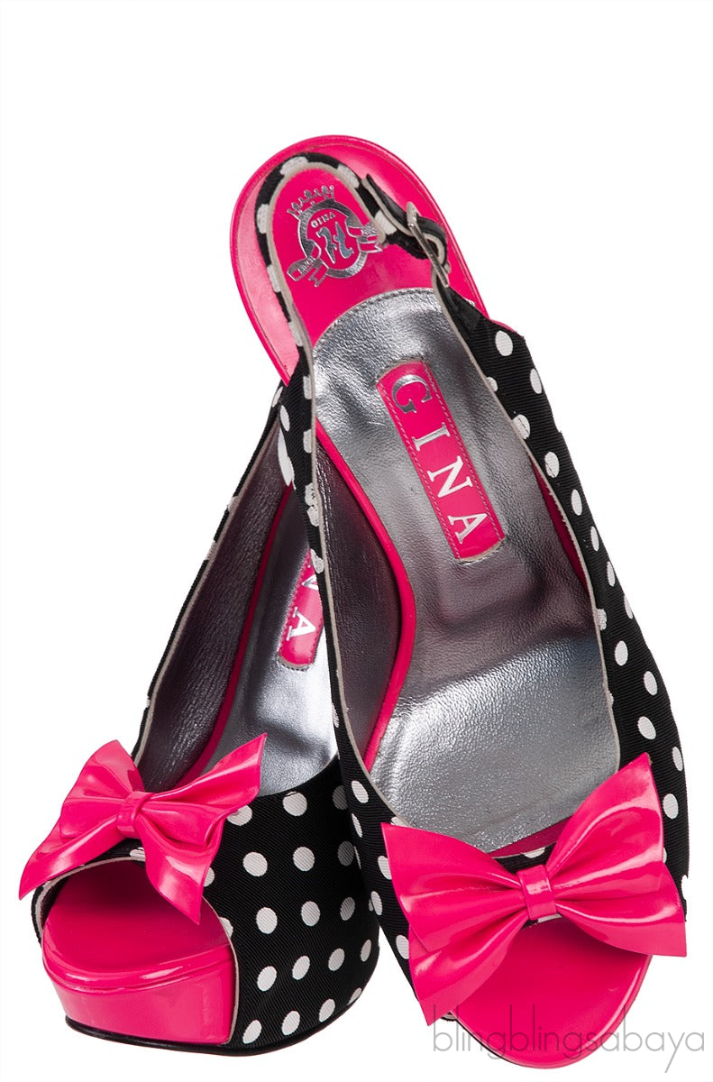 Pink Bow Black Polka-dot Platform Slingback Shoes