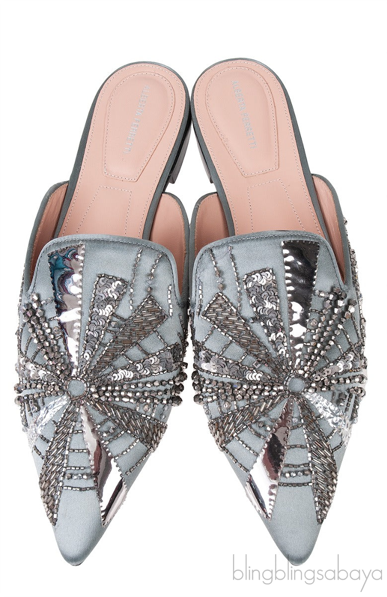 Grey Satin Sequin Embellished Pointed Toe Mule