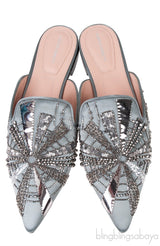 Grey Satin Sequin Embellished Pointed Toe Mule