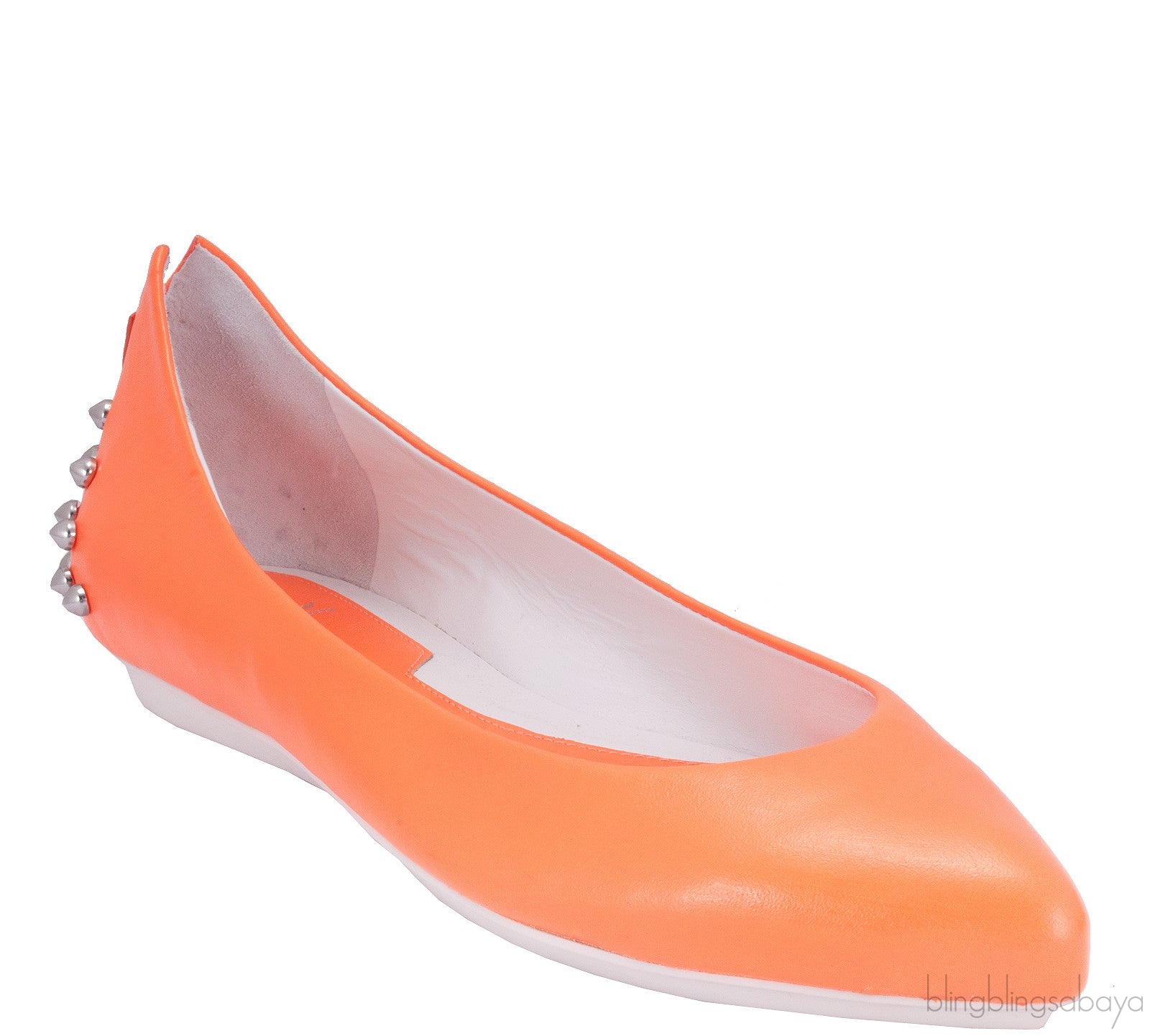 Studded Neon Orange Leather Flat
