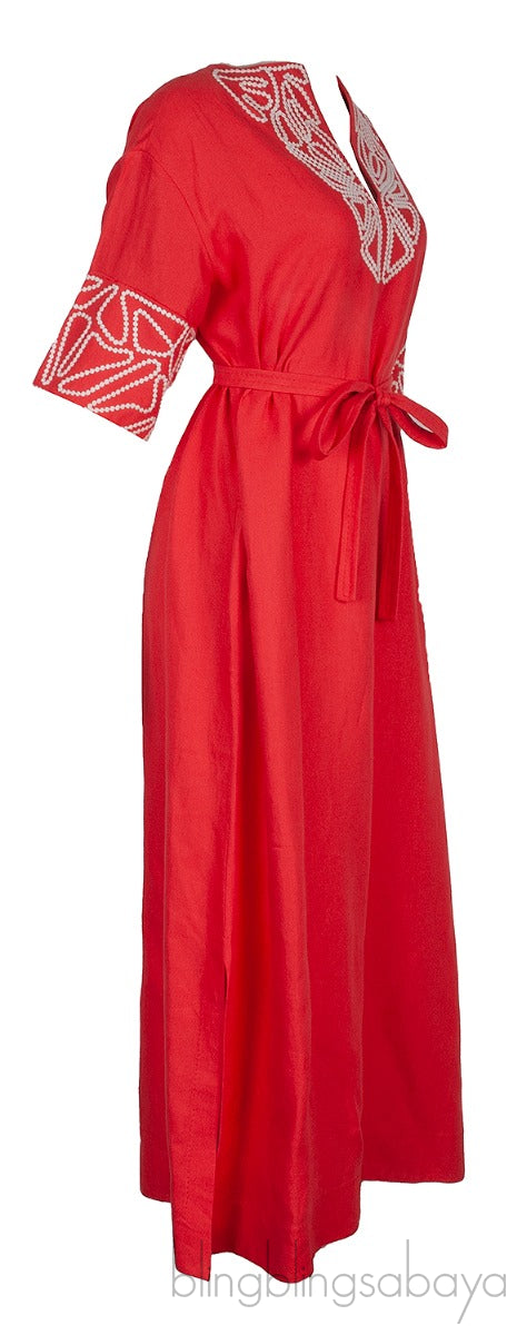 Coral Linen Embroidered Kaftan Dress