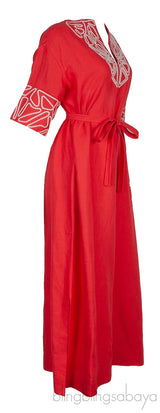 Coral Linen Embroidered Kaftan Dress