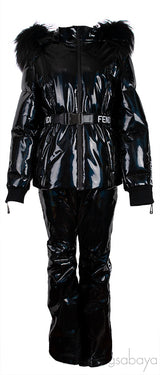 Black Holographic Fur-trimmed Down Ski Jacket & Trouser Set