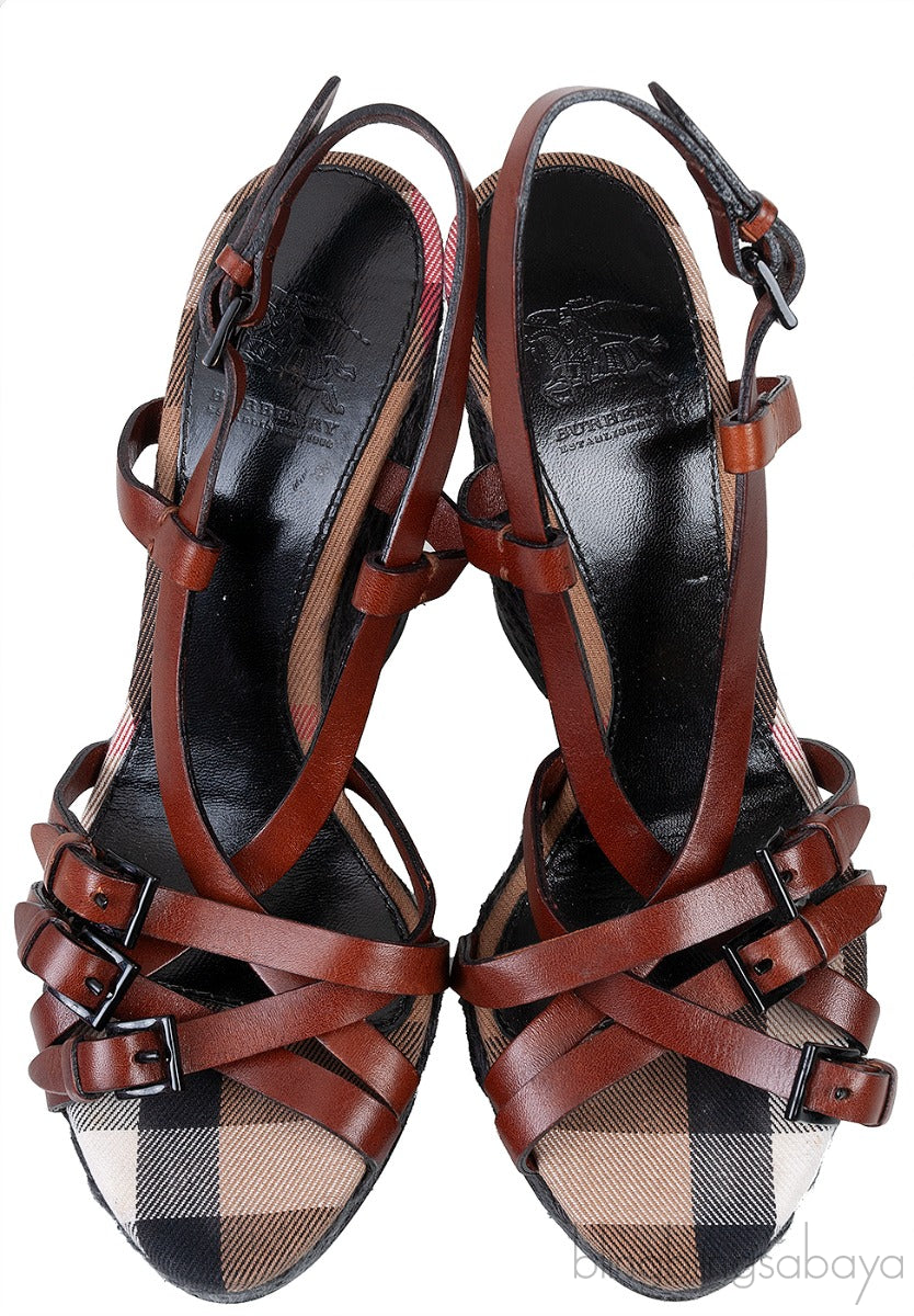 Brown Leather Strappy Wedge Sandals