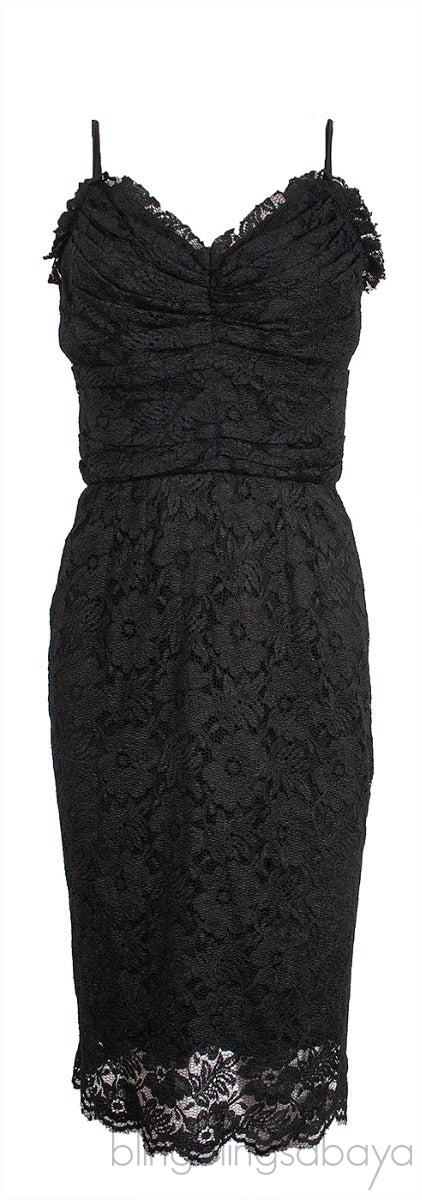 Gathered Front Black Lace Mini Dress