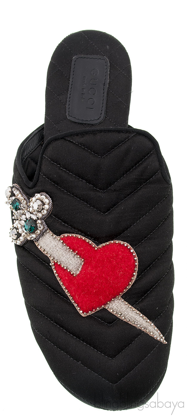 Black Quilted Satin Heart Slipper