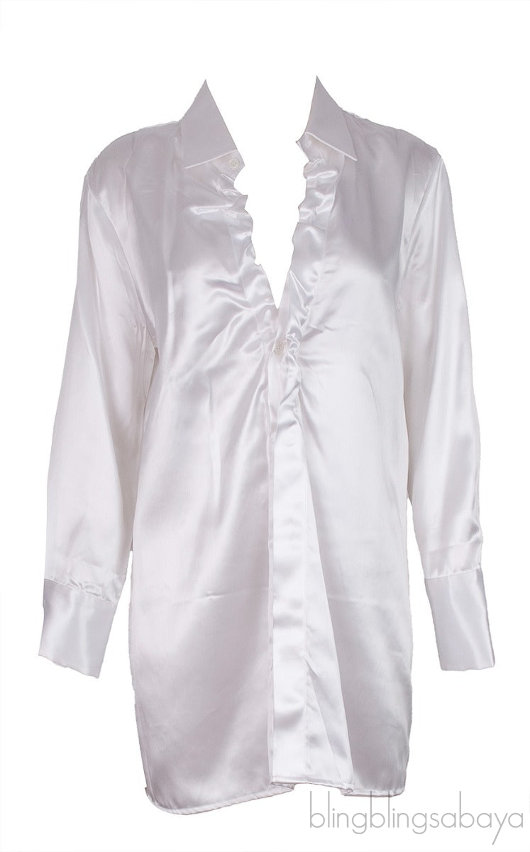 Pearl White Silk Satin Long Sleeve Shirt