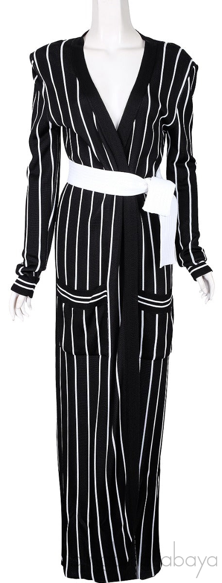 Black Stripe Knit Stretch Cardigan Robe