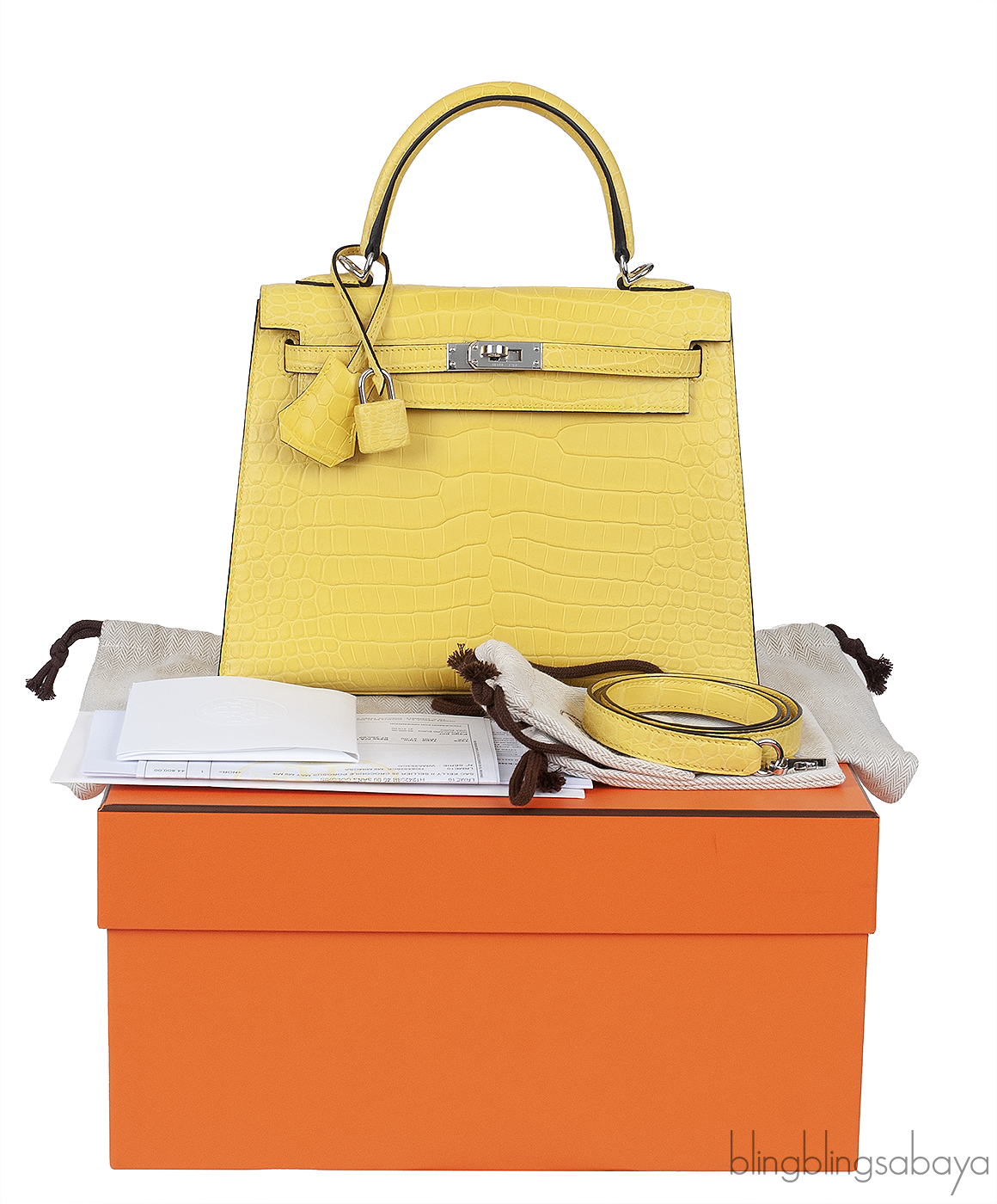 Hermes Kelly 25 Sellier Mimosa Matte Porosus Crocodile PHW