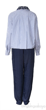 White And Blue Striped Poplin Shirt and Blue Silk Trouser
