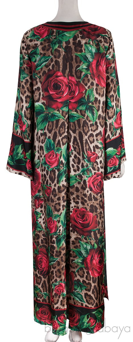 Brown Leopard & Rose Print Kaftan Dress