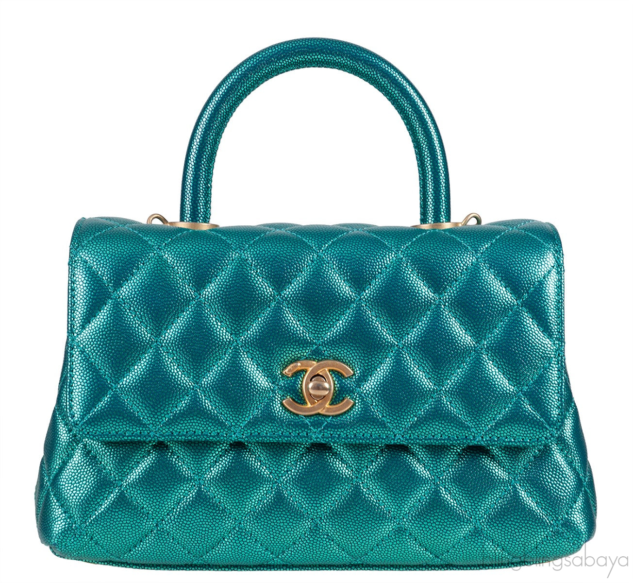 Metallic Green Quilted Caviar Leather Small Coco Top Handle Bag