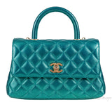 Metallic Green Quilted Caviar Leather Small Coco Top Handle Bag