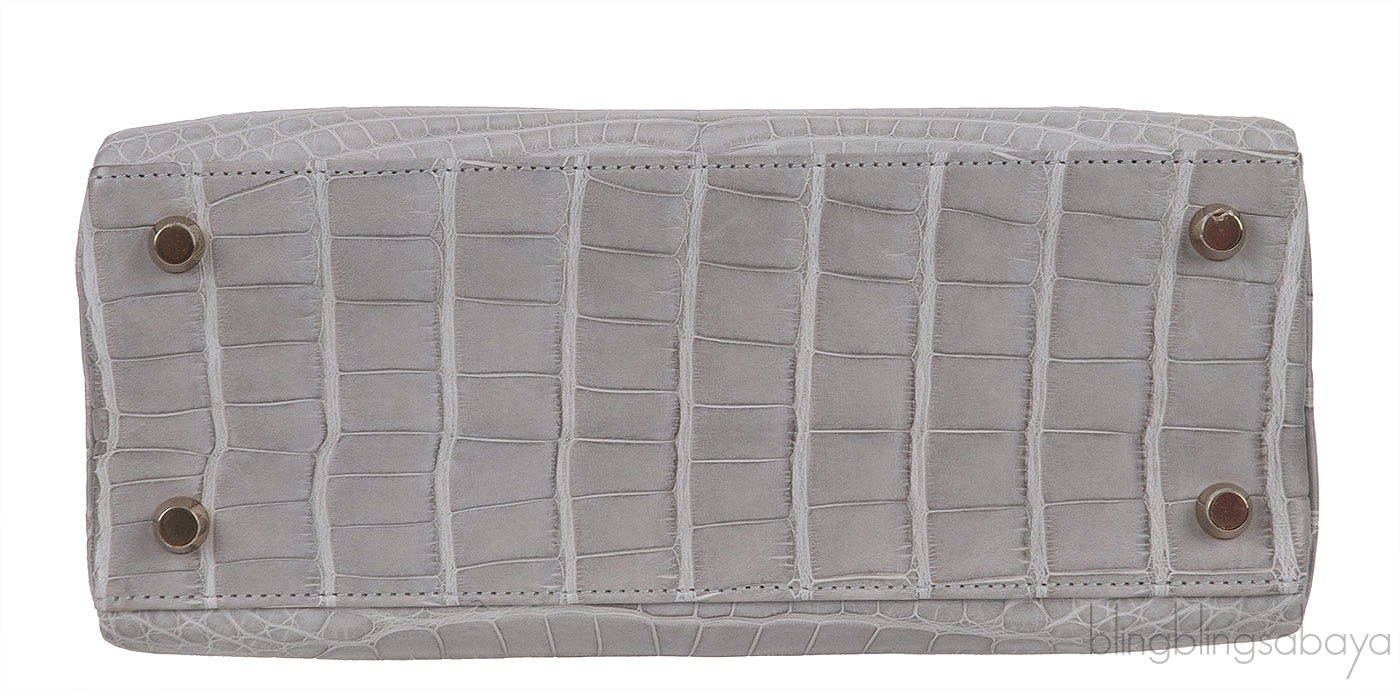 Hermes Special Order Kelly 25 Matte Gris Perle Crocodile and Toffee GHW