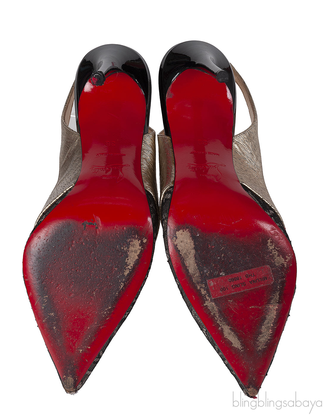Christian Louboutin Black Floral Lace Gold Trim Slingback Heels
