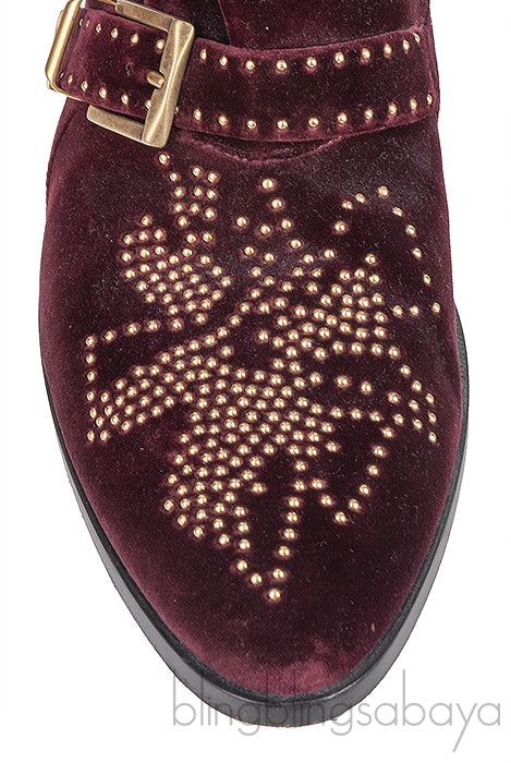 Burgundy Velvet Metal Beads Strappy Boots