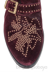 Burgundy Velvet Metal Beads Strappy Boots