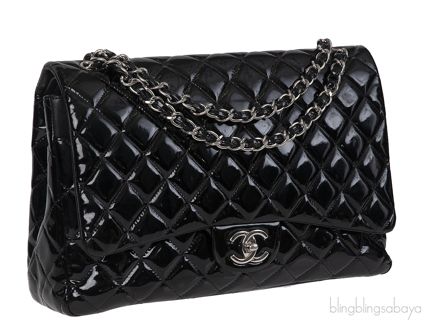 Chanel Black Patent Maxi Double Flap Quilted Bag