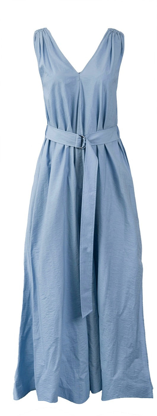Blue Poplin Monili Shoulder Belted Midi Dress