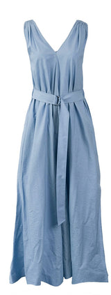 Blue Poplin Monili Shoulder Belted Midi Dress