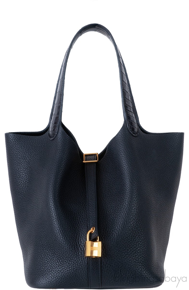 Hermes Picotin 22 Touch Black Matte Crocodile Handle Bag