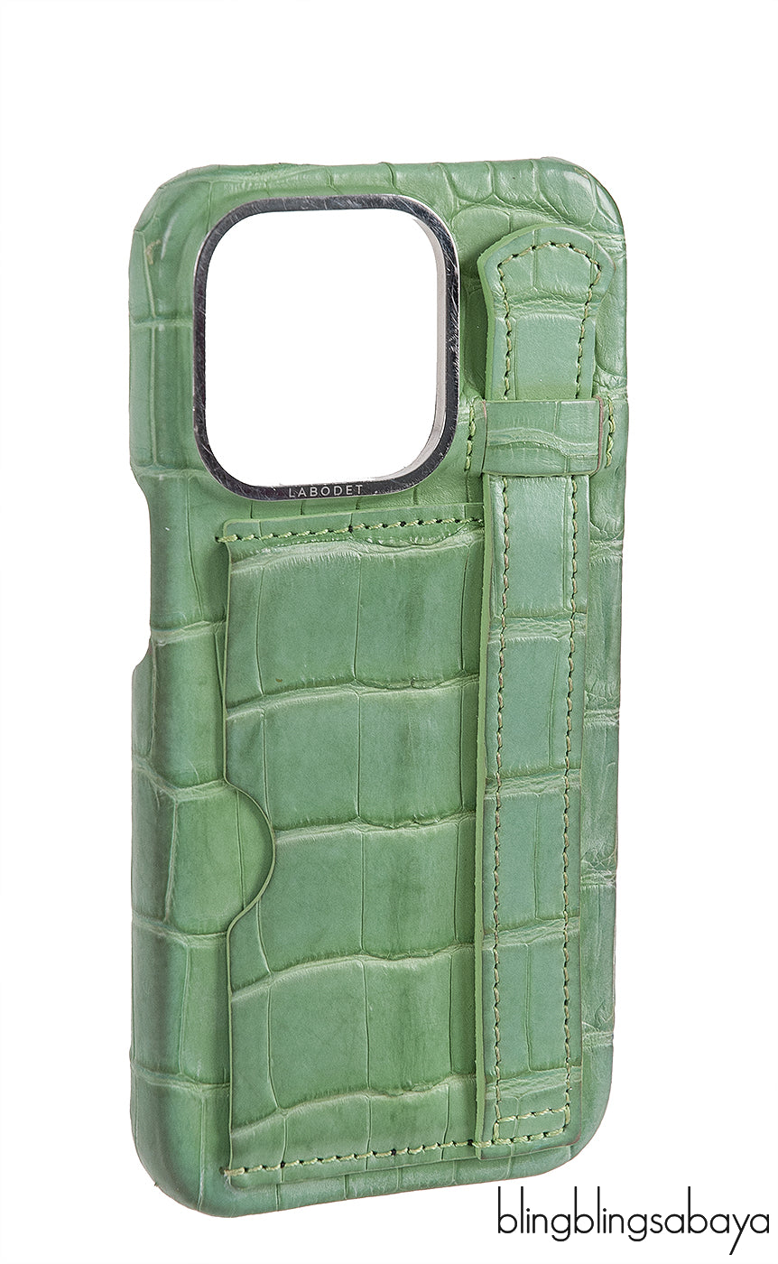 Card Holder Strap Iphone 15 Case Alligator Apple Green