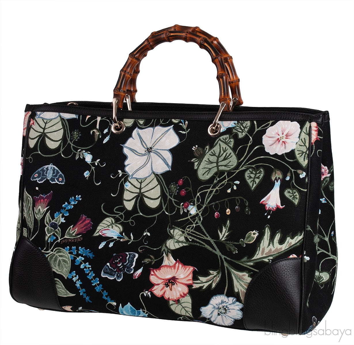Gucci Black Printed Canvas Bamboo Shopper Tote