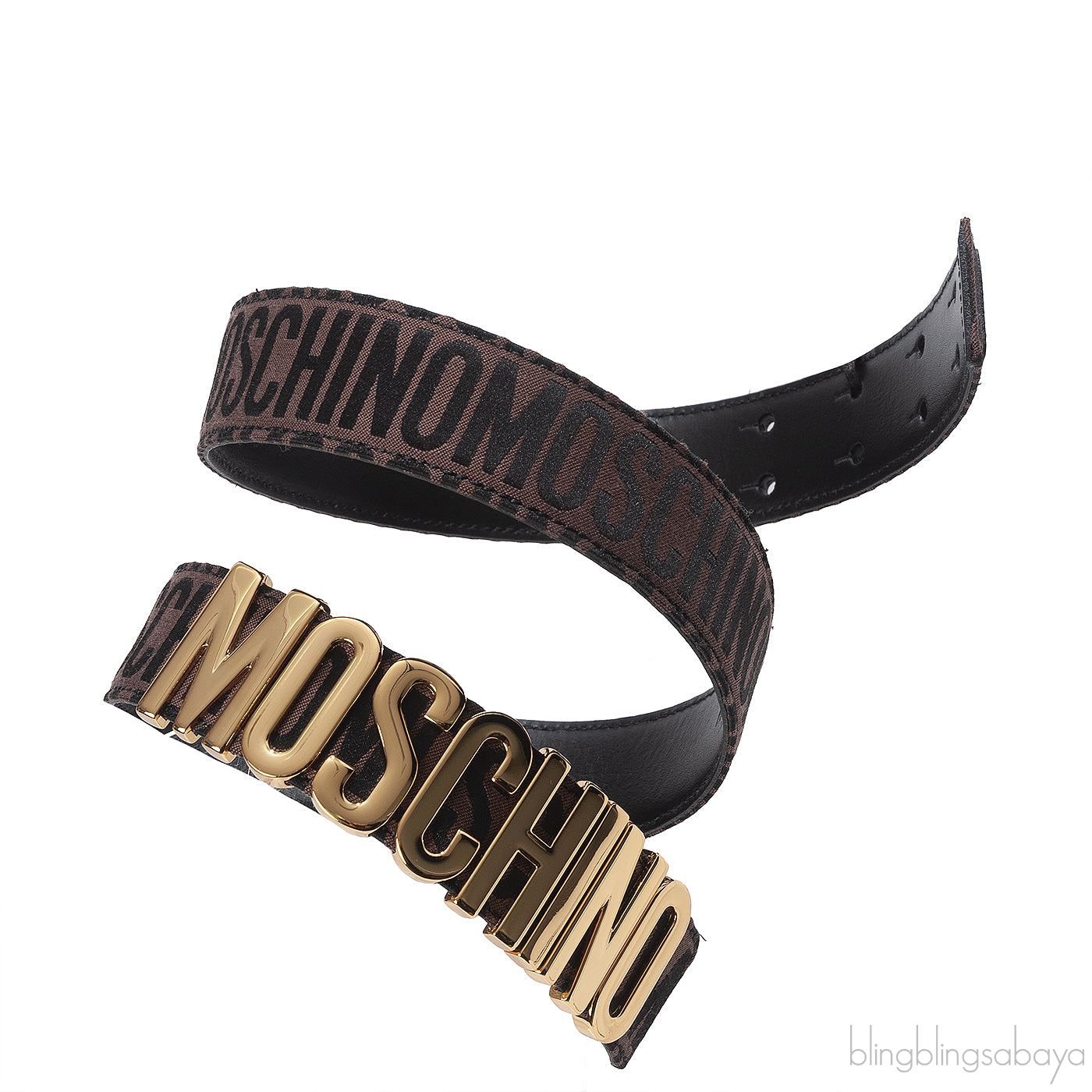 Moschino Brown Jacquard Metallic Logo Buckle Belt