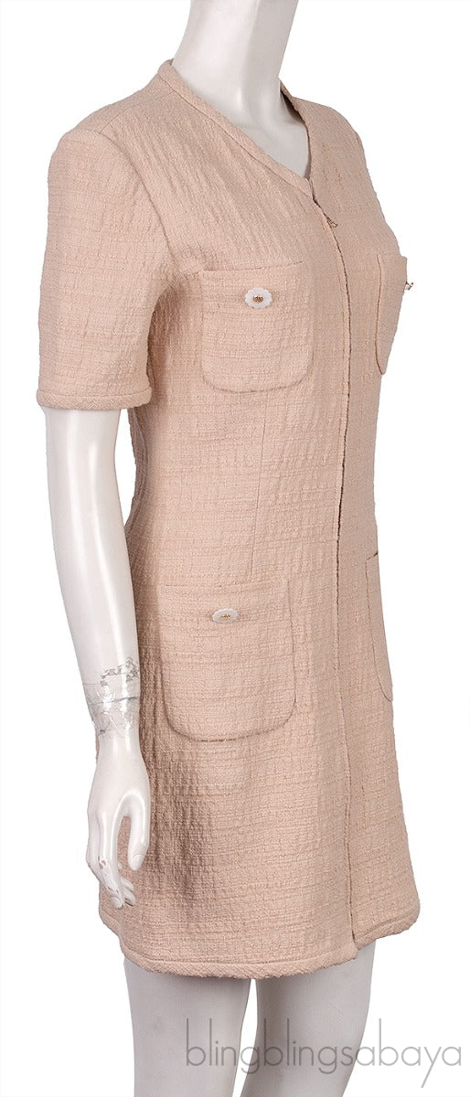 Beige Front Pocket Flower Button Dress
