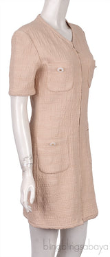 Beige Front Pocket Flower Button Dress
