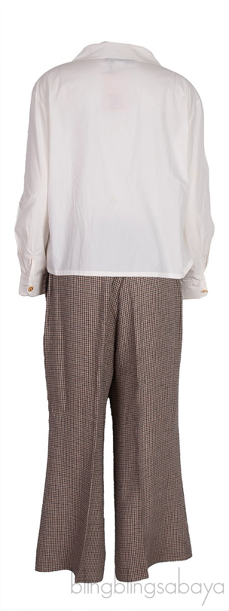 Off-white Top Shirt & Brown Houndstooth Wide Leg Pants