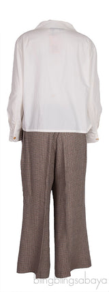 Off-white Top Shirt & Brown Houndstooth Wide Leg Pants