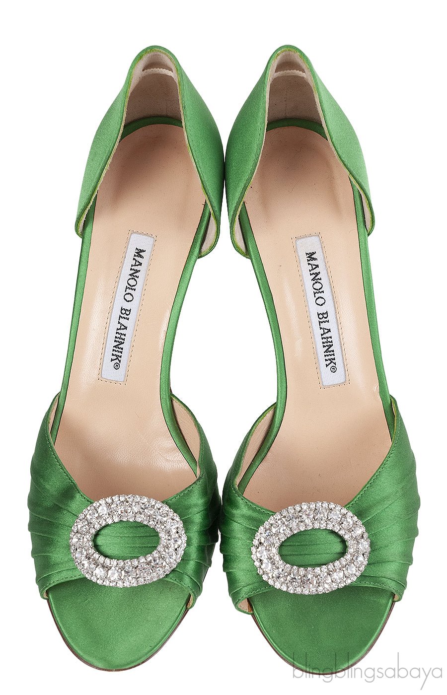 Manolo Blahnik Sedaraby Green Satin Crystal Pump