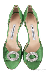 Manolo Blahnik Sedaraby Green Satin Crystal Pump