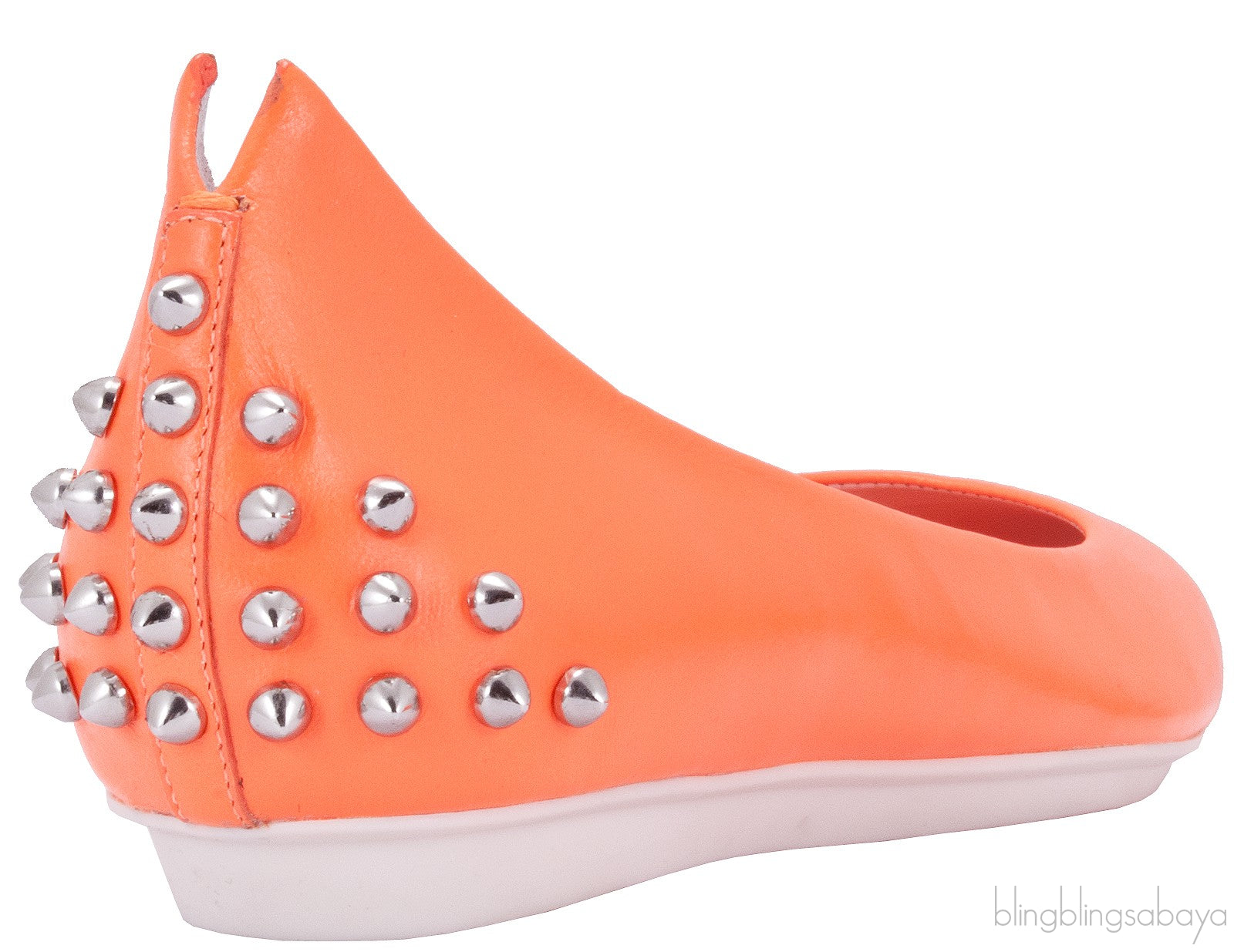 Studded Neon Orange Leather Flat