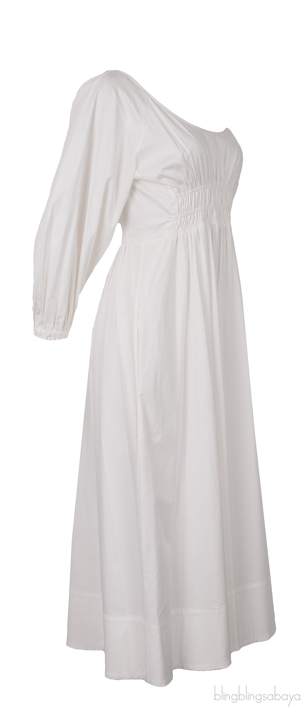White Cotton Ruched Waist Midi Dress