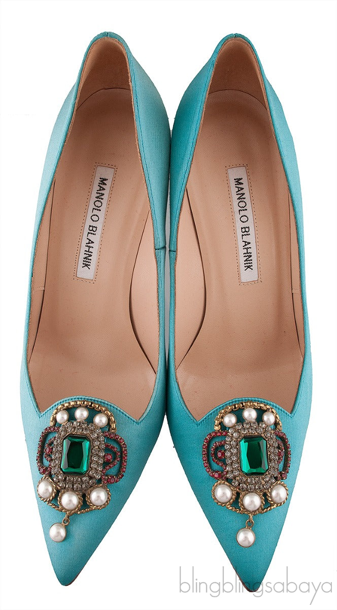 Eufrasia Teal Satin Crystal Heels