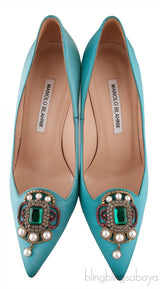 Eufrasia Teal Satin Crystal Heels