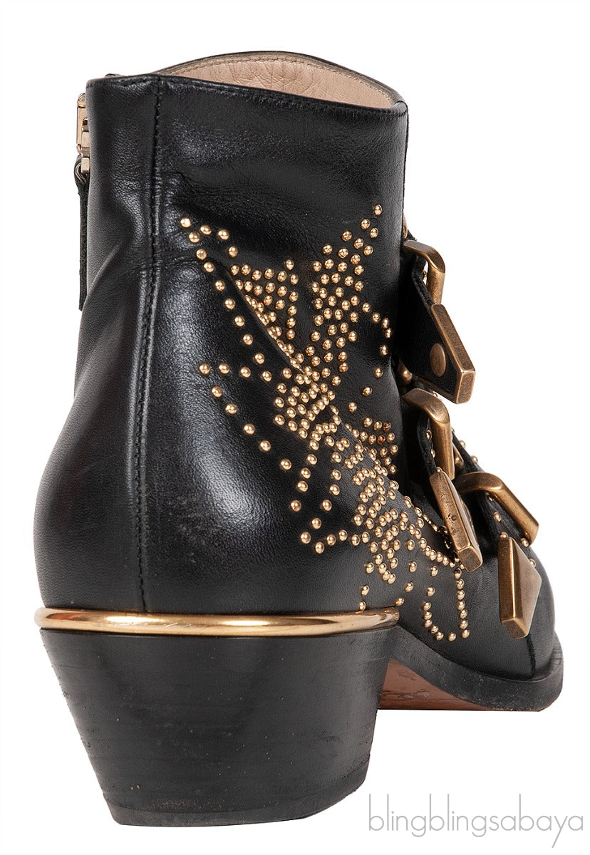 Black Leather Metal Beads Strappy Boots