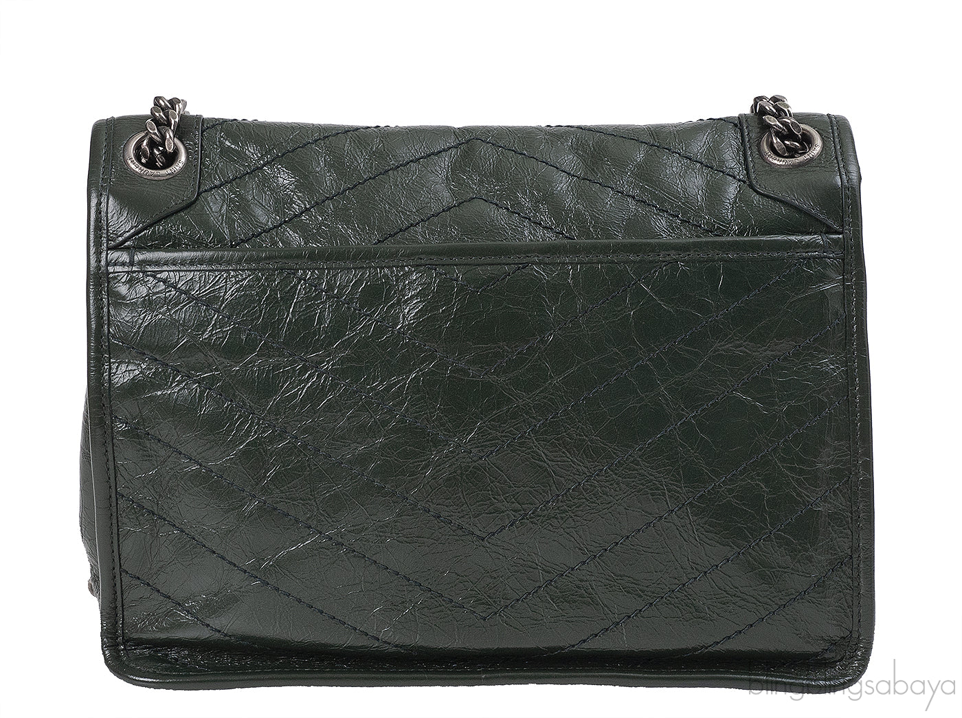 Yves Saint Laurent  Nikki Forest Green Medium Crinkled Leather Shoulder Bag