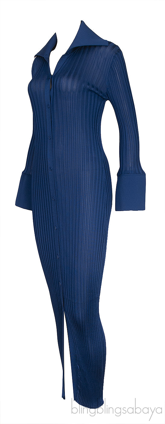 Blue Ribbed Knitted Dress