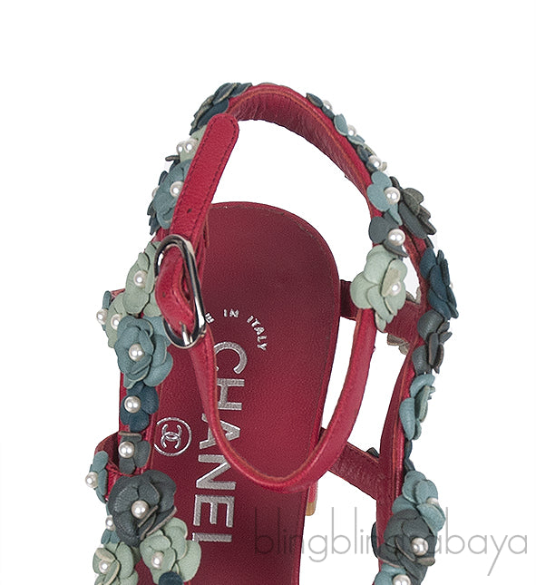 Chanel Camellia Strappy Pearl Red Sandals