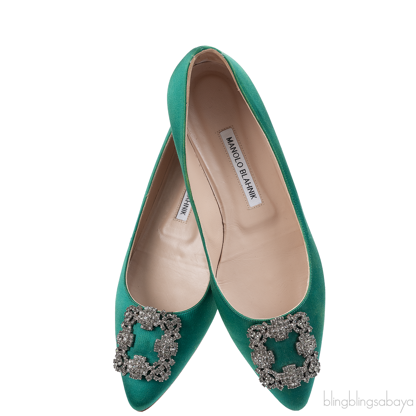 Manolo Blahnik Emerald Green Satin Hangisi Flat Shoes