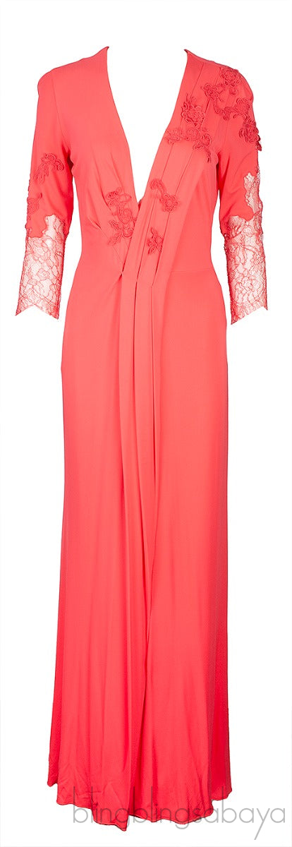 Coral Pink Lace Sleeve Dress
